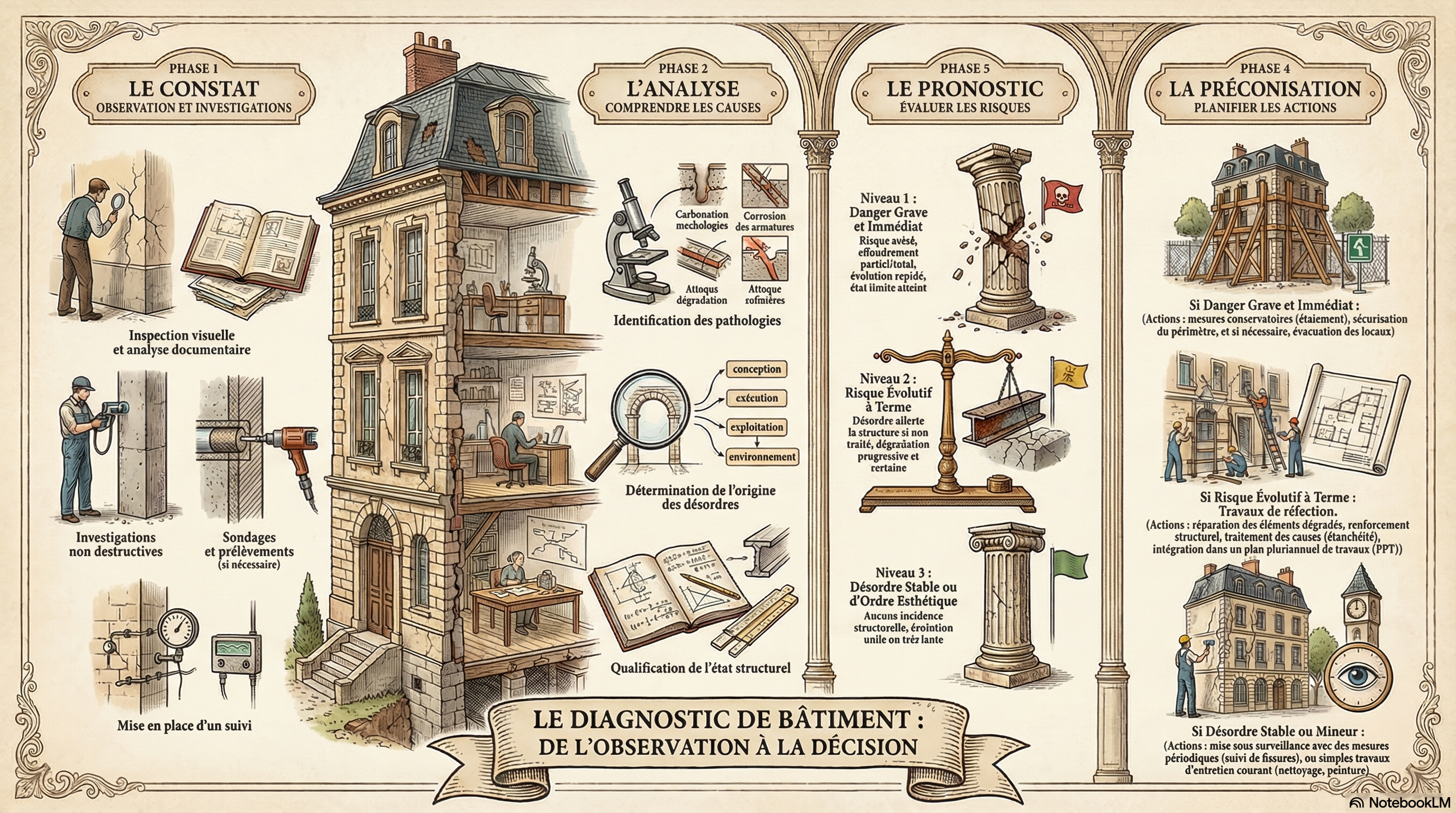 Les quatre phases du diagnostic de bâtiment : constat, analyse, pronostic, préconisation